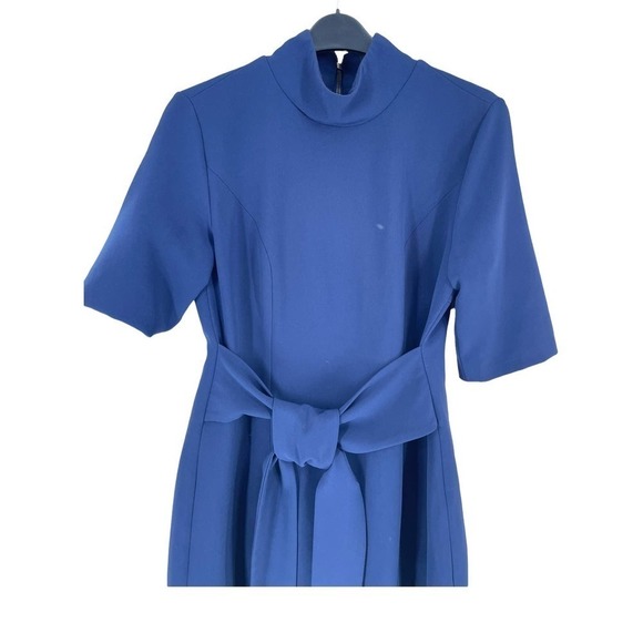 𝅺toccin (NY) BLUE MOCK NECK  DRESS WITH 1/2 SLEEVES, BELT TIE - Picture 3 of 10